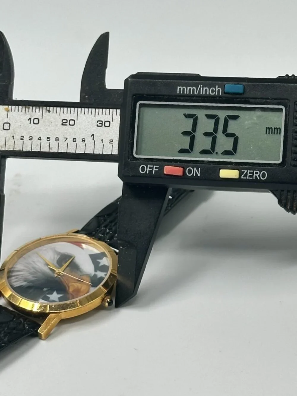Bald Eagle Watch Men Gold Tone American Flag Black Leather Band New Battery 9.5